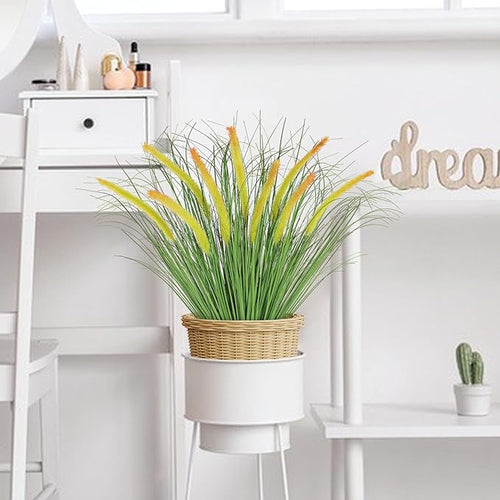 14PCS Artificial Yellow Dog Tail Grass Onion Grass UV Resistant Outdoors Faux Shrubs Ornamental Wheat Grass Cattails Faux Bushes Home Decor for Outdoor Garden