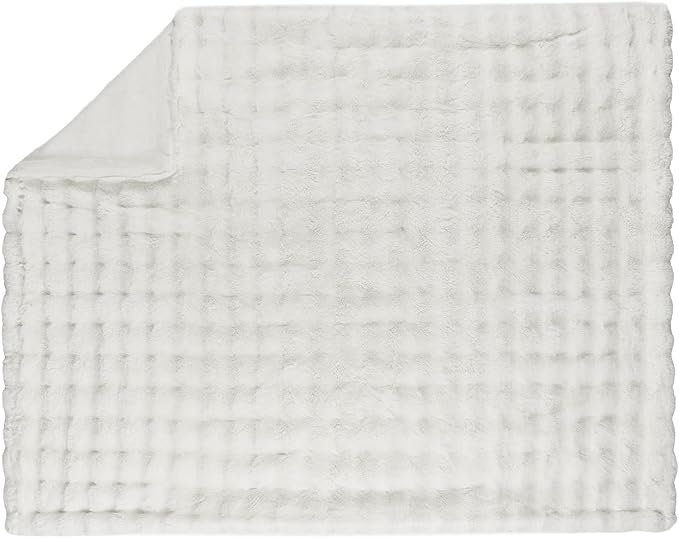 Lotus Karen Queen Size Faux Fur Blanket - Cream White Big Bubble Rabbit Fluff, 90x90 Inches