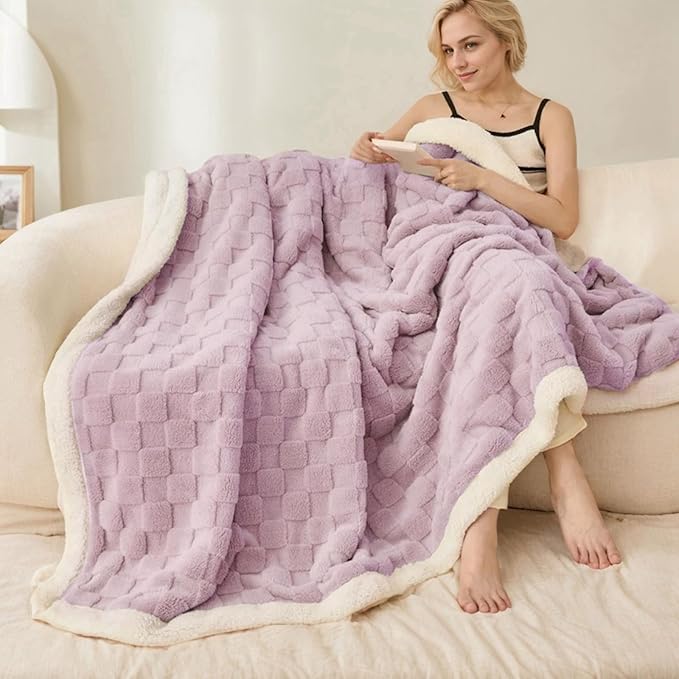 Sherpa Throw Blanket for Couch, Flannel Cozy Thick Soft Blanket for Bed - Fleece, Purple, 80x90 Inches