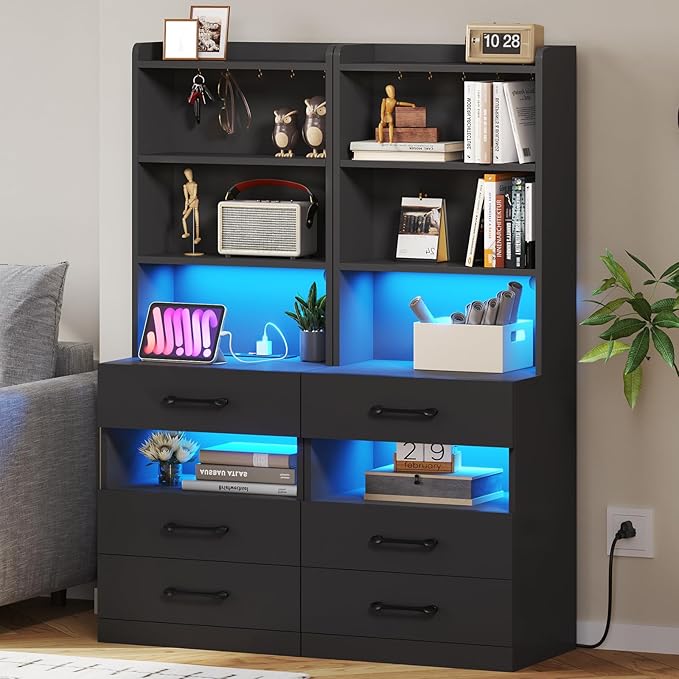 VIAGDO Tall Nightstand Set of 2 with Charging Station and LED Lights, Black Night Stand Set 2 with Bookshelf, Modern LED Bedside Tables with 3 Drawers and Storage Shelves, Side Tables for Bedrooms