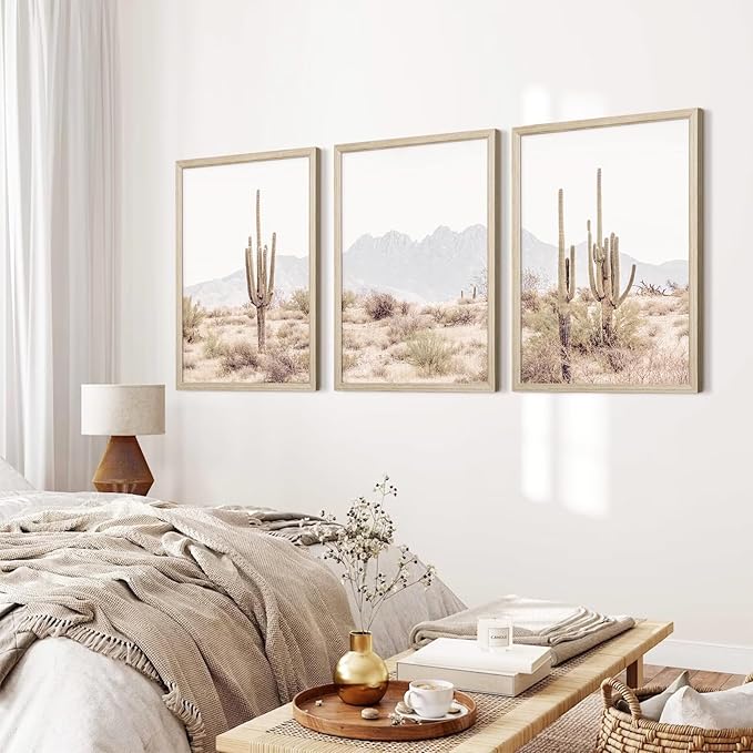 Sonoran Desert Landscape Wall Art Cactus Arizona Canvas Wall Decor Desert Poster Pictures Saguaro Cactus Art Prints Landscape Painting for Home Bedroom 12x16 Inch Wood Framed Set of 3