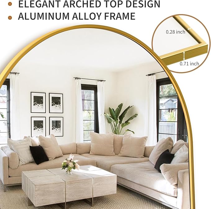 Antok Full Length Floor Mirror Arched Standing Mirror with Aluminum Frame - Freestanding Wall Mount Leaning Body Mirror for Bedroom Living Room Entryway, 64" L x 21" W, Gold