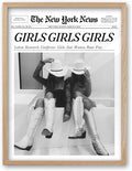 iHery Girls Just Wanna Have Fun Framed Trendy Cowgirl NewsPaper Wall Art, Large 16x20in Natural OAK Wood Black and White Canvas Wall Decor For Bedroom Dorm Living Room,Vintage Bar Car Home 1Pack
