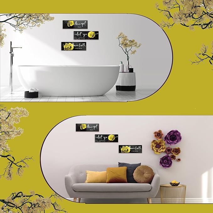 ZINYAZHE 3 Pcs Large Yellow Wall Decor Inspirational Yellow Bathroom Wooden Rose Wall Art Office Wall Decor With Accept Let Go Have Faith Quotes For Girl Women Bathroom Bedroom(yellow 16 X5)