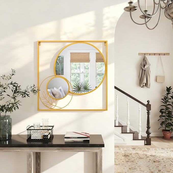 Gold Wall Mounted Mirror Set, Golden Metal Framed Square Mirror Modern Art Mirrors for Bedroom Living Room Bathroom 24x24 Inch Decor