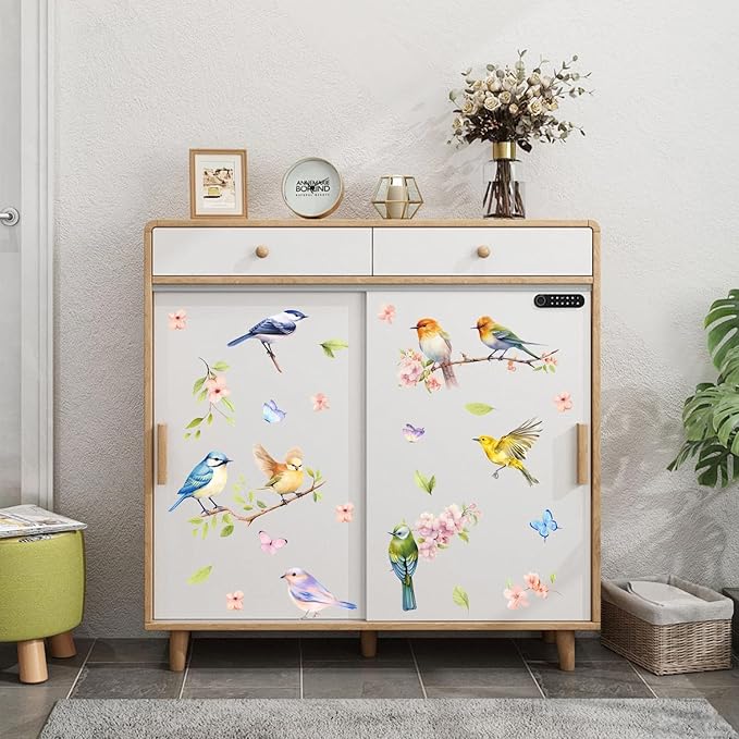 HLNIUC Branches Flowers Birds Wall Sticker 35”x12”DIY Spring Floral Window Clings Hummingbird on the Tree Branch Wall Decal Large Pink Cherry Blossom Removable Art Stickers for Living Room Kids Room