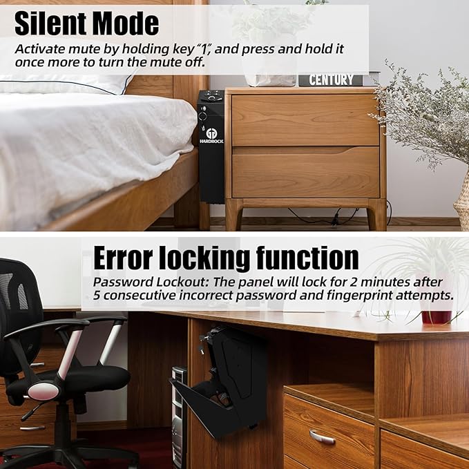 HARDROCK Gun Safe for Pistols, Biometric Wall Mounted Handgun Safe Box for Desk, Bedside,Truck，Drop Down Quick Access Security Safe with Fingerprint Keypad Lock for Home nightstand