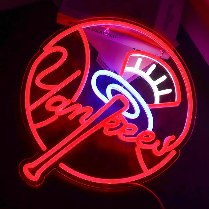YANKEES Neon Signs for Wall Decor，Baseball Team Neon Lights for Bedroom，LED Signs Suitable for Man Cave，5V Power Adapter，Birthday、Christmas Gifts for Boys 13 * 15Inch(red+blue+white)