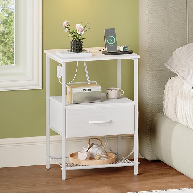Somdot White Nightstand Set of 2 with Charging Station and LED Light for Bedroom, Bedside Table End Table for Dorm Guest Room Bedside Kids Laundry Closet Entryway Hallway, White Leather
