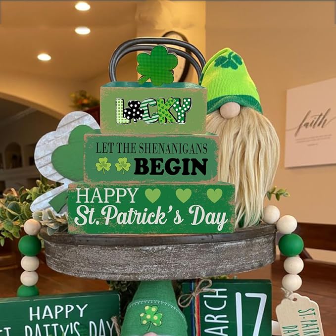 4 Pcs St. Patrick's Day Table Decoration Wooden Lucky Shamrocks Block Signs Happy St. Patrick's Day Table Centerpiece Irish Tiered Tray Decor for Desktop Shelf Mantel Farmhouse Home Decor