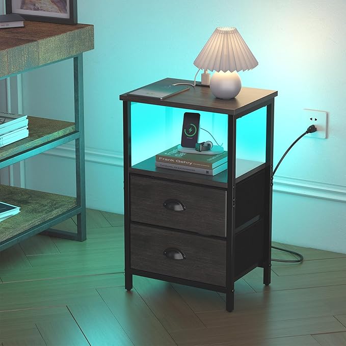 Nightstand with Charging Station, LED Night Stand with 2 Fabric Drawers, Bedside Tables End Table with Drawers, 2-Tier Storage Side Table Nightstand with Drawers for Bedroom, Black Oak