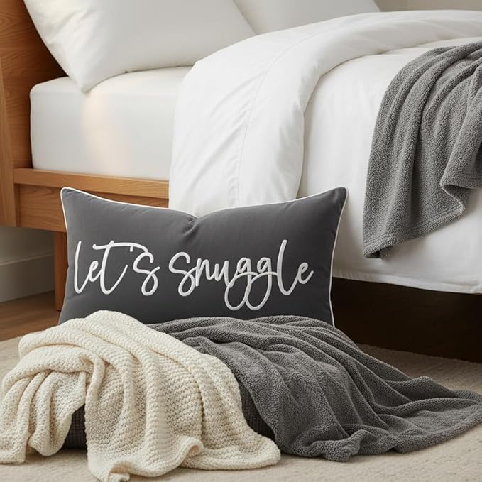 Sunkifover Let's Snuggle Decorative Lumbar Pillow Cover - 12x20 Inch Dark Grey Cotton Embroidery Throw Pillowcase for Bed, Bedroom, Living Room, Home Decor