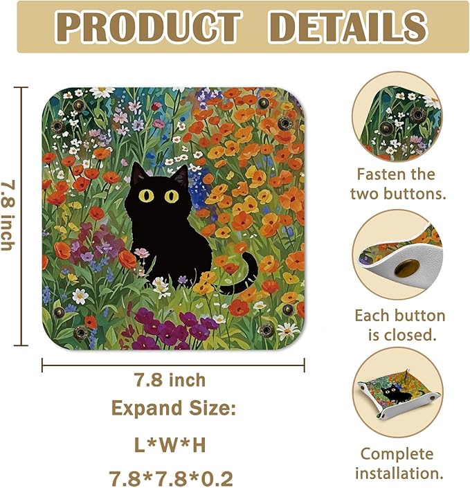 Black Cat Gifts Jewelry Valet Tray for Women, Cottagecore Floral Black Cat PU Leather Catchall Beside Caddy Nightstand Organizer Tray for Jewelry Rings Watches and Accessories, 7.87x7.87in