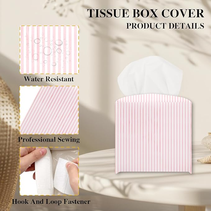 Pink Tissue Box Cover, Cute Tissue Holder Square with Bottom Belt for Home Bathroom Office Vanity Countertop, Housewarming Gifts Ideas for Women Friends Mom Bestie -13