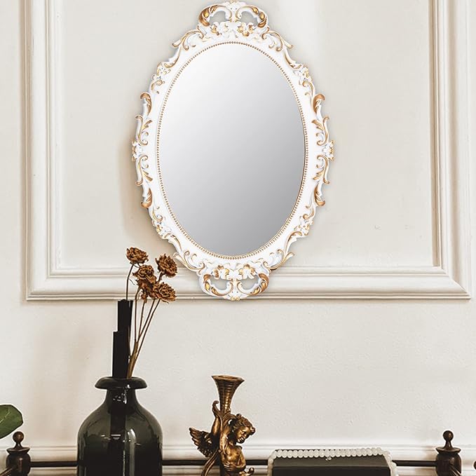 2 Pack - Vintage Decorative White Framed Mirror, Wall Hanging Mirrors & Tabletop Tray for Bedroom Living Room Dresser Decor, Oval- 9.6" W x 14.3" L (WHITE-2PACK)