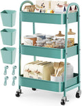 Green 3 Tier Rolling Cart Metal with Lockable Wheels, Three Tiered Craft Cart Organizer on wheels, Utility Storage Carts for Art, Baby Supplies, Diaper Caddy, Snack, Pantry, Nail, Lash, Cleaning