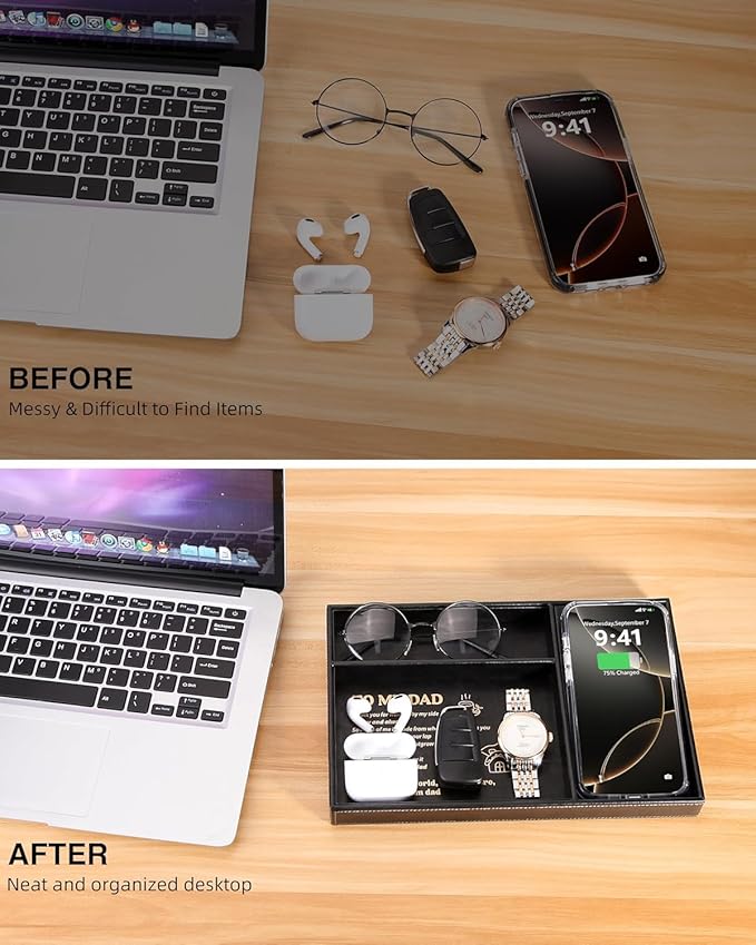 TopMade Wireless Charger Valet Tray, Father's Day Birthday Gifts for Dad, PU Leather Mens Jewelry Box for Iphone Charger, Desk Nightstand Organizer Charging Station Drawer Dresser Organizer(Black)