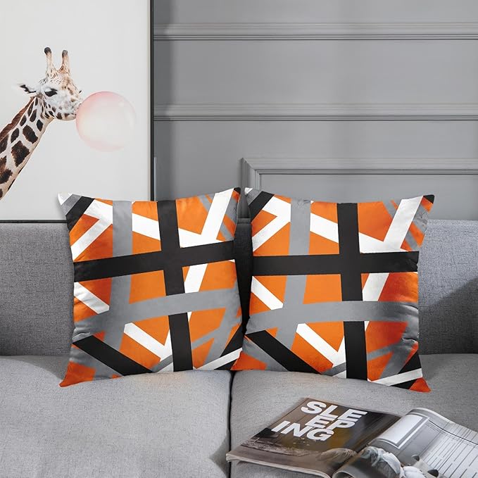 Emvency Set of 2 Throw Pillow Cover Orange Black Stripes Grey White Design Retro Decorative Pillow Case Striped Home Decor Square 18x18 Inch Cushion Pillowcase
