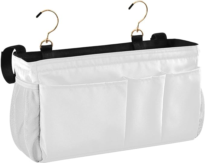 DOMIKING White Bedside Caddy for Dorm Bed Recliner Armrest Organizer with Hooks Haning Holders for Bunk Bed Rails Headboards