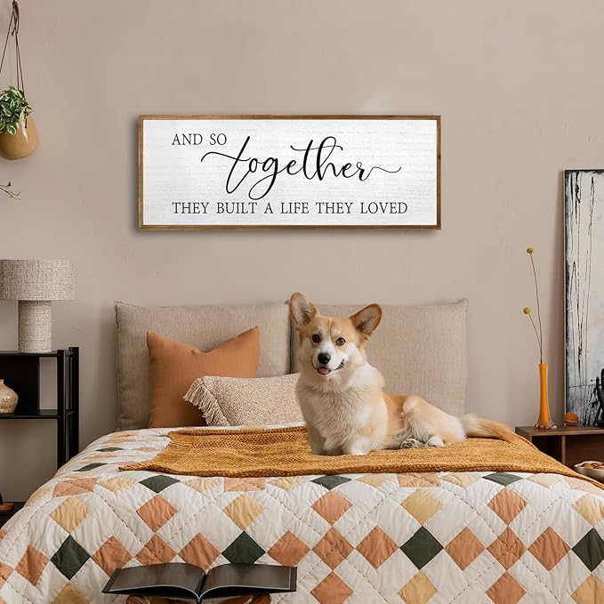 And So Together They Built A Life They Loved Wall Decor 32”X12” Rustic Master Bedroom Large Wood Framed Sign Above Bed Modern Farmhouse Quotes Couple Wall Art Over Bed Hanging Decoration (Wood)