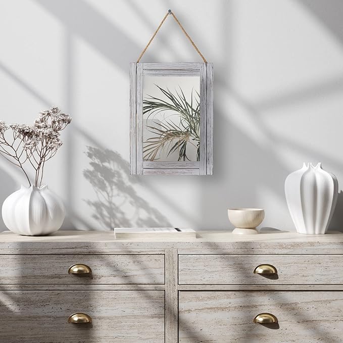 12 x 16 in Wall Decorative Mirror, Rustic Wood Frame Rectangular Mirror with Hanging Rope for Entryway, Bedroom, Guest Bathroom, Living Room, Bedroom - Grey