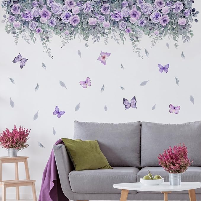 TUOKING Purple Rose Wall Stickers Removable Butterfly Wall Murals Peel and Stick Wall Art Decal Home Decor for Kitchen,Bedroom,Living Room(MS2306)