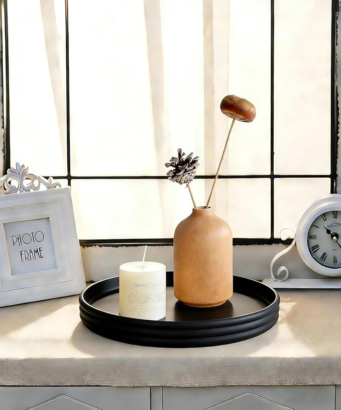 Coffee Table Tray for Home Decor, Modern Table centerpieces, Round Decorative Tray Table centerpieces Serving Tray for Living Room, Office, Dining Room, Kitchen Island（Black）