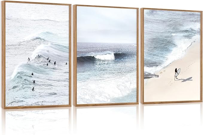 CHDITB Ocean Wave Surf Framed Canvas Wall Art Set Of 3, Minimalist Coastal Wall Decor, Nature Inspired Seascape Wall Painting, Neutral Surfboard Beach Art Prints for office Bedroom Decor (12x16 Inch)