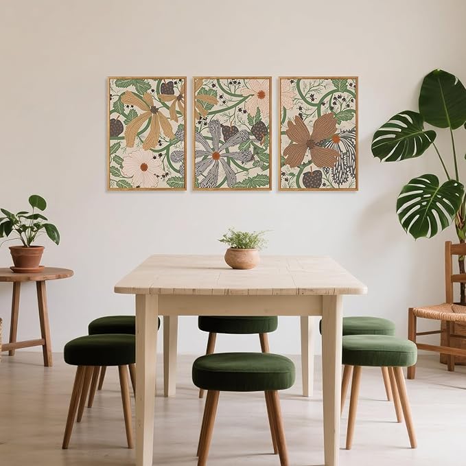CHDITB Bohemian Floral Framed Canvas Wall Art Set Of 3,Farmhouse Flowers Wall Decor, Nature Botanical Artwork Boho Green Vines Wildflowers Art Prints For Dining Room Bedroom Decor (12X16 Inch)