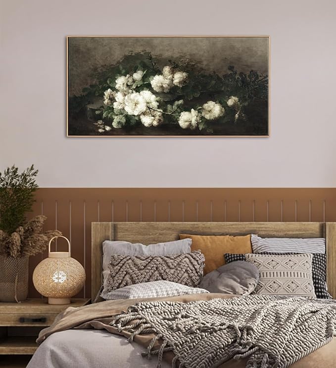 DJSYLIFE Framed Vintage Flower Canvas Wall Art, White Rose Still Life Painting Prints for Bedroom Decor, Classical Floral Pictures for Living Room Home Decorations, Ready to Hang 20"x40"