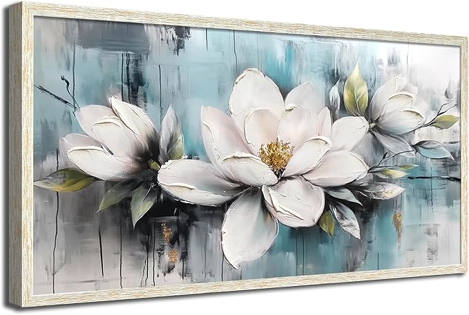 Ardemy Magnolia Wall Art Framed Canvas Wall Decor Living Room, White Floral Picture Wall Decor Teal Painting Flower Textured Large Artwork for Bedroom Dining Room Home Office 48"x24"