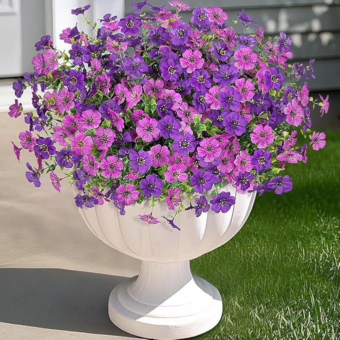 Artificial Fake Mums Flowers for Outdoor Spring Decor, 12 Bundles Faux Flowers Plants Silk Daisy for Planter Pot Colorful UV Resistant Look Real for Front Door Porch Patio Outside Yard(Light Purple)