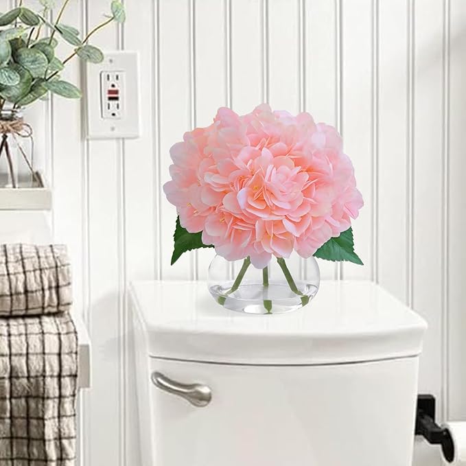 Hydrangea Artificial Flowers in Vase, White Silk Fake Flowers Silk Centerpiece Table Decorations for Dining Room， Coffee Table Decor，Wedding, Home with Faux Water Decor (New Pink)