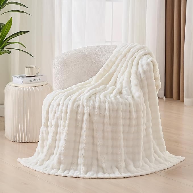 3D Bubble Plush Blanket Textured Fleece Throw Soft Warm Cozy Blanket Couch Bed Throw Snow White 50x60 Inches