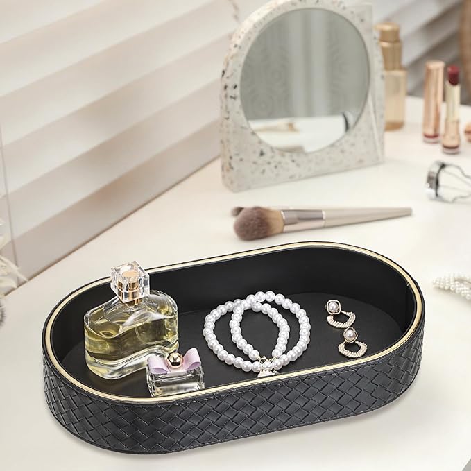 Hipiwe PU Leather Valet Trays Colognes Organizer Perfume Tray for Men, Modern Nightstand Bedside Storage Tray, Black Key Holder Bowl for Entryway Decorative Catchall Trays for Keys, Watch, Wallet
