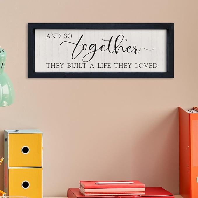 comurdyo And So Together They Built a Life They Loved Wall Sign Decor 16"×6" Above Bed Master Bedroom Wood Framed Hanging Wall Art (Black)