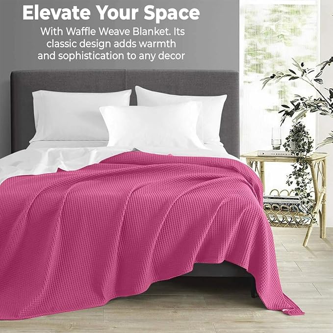 100% Cotton Blankets for Bed - Waffle Weave Blankets for Summer, Lightweight and Breathable Soft Woven Blanket for Spring (Pink, Queen (90" x 90"))