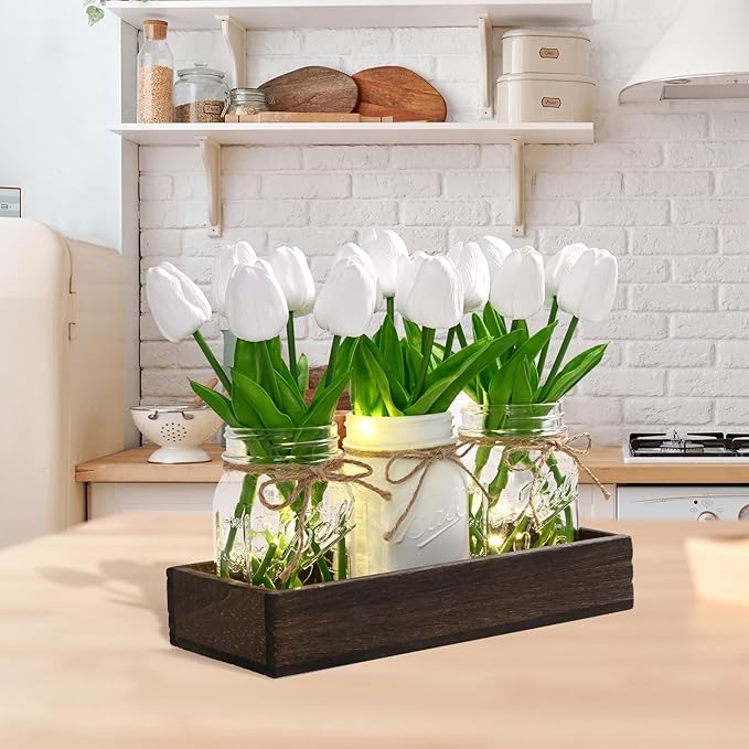 BLEUM CADE Centerpiece Table Decorations - Mason Jar Lights Centerpiece for Kitchen Dining Table Farmhouse Coffee Table Wedding Home Decor with 3 Jars Tulips Artificial Flowers & Wood Tray