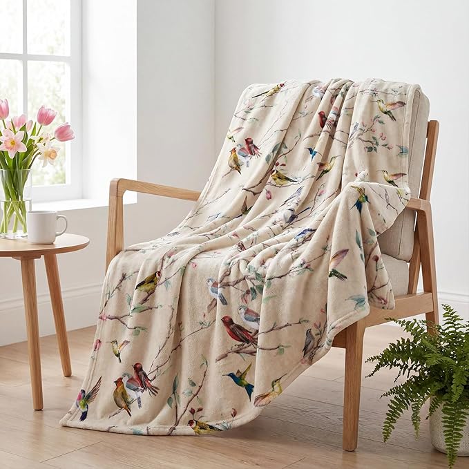 Horaldaily Spring Summer Flannel Blanket Throw, Birds Branch Biege Floral Soft Fuzzy Plush Cozy Fleece Blankets for Couch Sofa Bed Lounging, Ideal Gifts for Kids Adults Self, 50x60