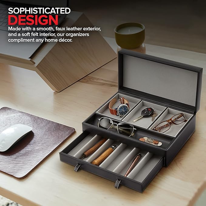 Stock Your Home Mens Valet Tray, Men's Jewelry Box, Night Stand Organizers and Storage, Bedside Table Organizer, Watch Box for Dresser, Faux Leather (Black & Gray) 8 Pack