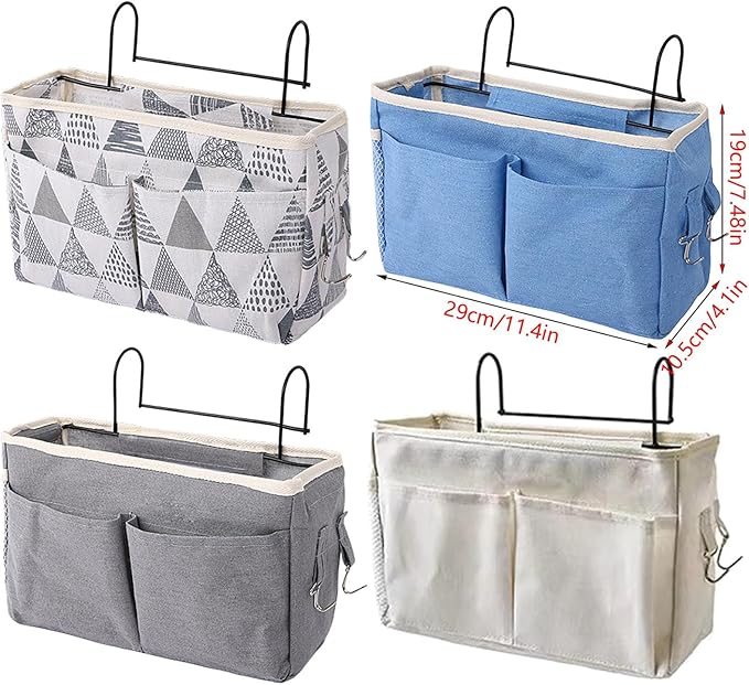 Bedside Caddy, Large Capacity Hanging Bedside Organizer with Side Hooks and 2 Pockets,Durable Versatile Bedside Caddy for Dorm Bed Phone Hospital College Magazine Remote Control Laptop Books (Grey)