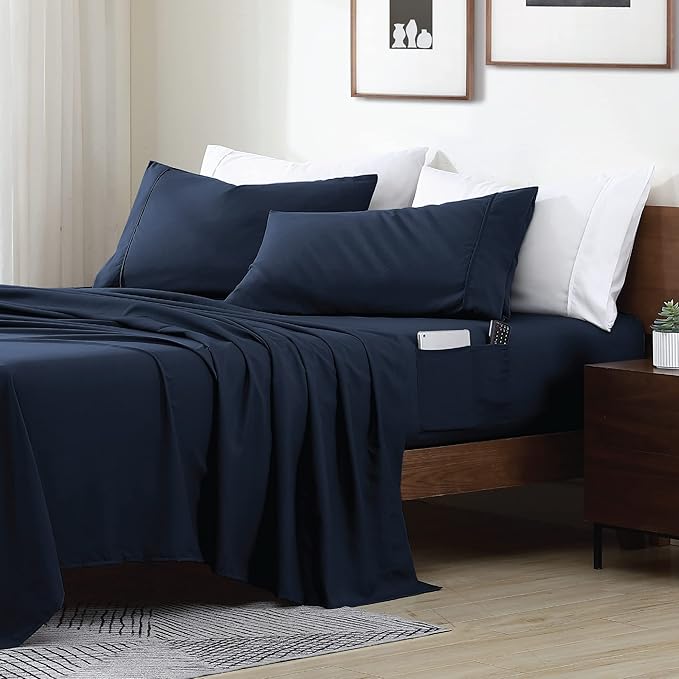 Swift Home Smart Sheets, Ultra Soft Brushed Microfiber 3-Piece Sheet Set, Fitted Bed Sheet with Side Storage Pockets – Navy, Twin XL