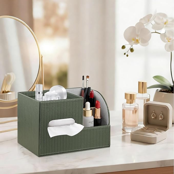 Fanousy Modern PU Leather Cube Tissue Box Cover with Storage Tray, Multifunctional Remote Control Holder & Facial Tissue Dispenser Organizer for Nightstand, Bathroom, Bedroom, Office & Home Decor