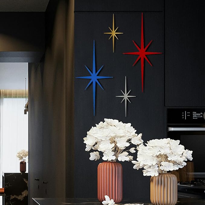 sxnzequnze 4 Pack Metal Star Wall Art 8 Pointed Starburst Wall Decor Set with 2 Large & 2 Small Pieces Mid Century Celestial Metal Wall Sculpture for Bedroom Living Room Office Gallery Wall
