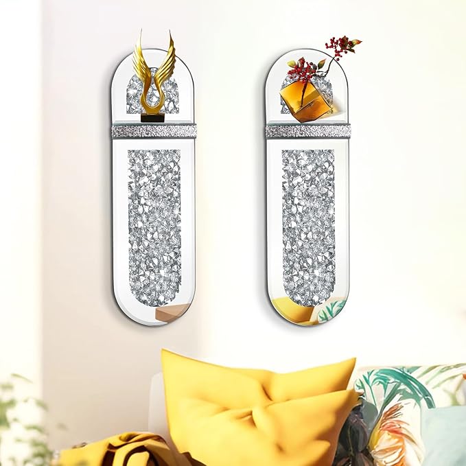 Crystal Crushed Diamond Mirrored Candle Sconces Set of 2 Silver Glass Wall Candle Holder Bling Wall Decorations for Home Decor Living Room Dining Room Bedroom