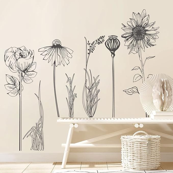 Black Simple Flower Plant Wall Decals, 2 Sheets Large Boho Floral Modern Wall Stickers Peel Stick Sketch Wildflower Wallpaper Art Decor for Bedroom Living Room Office Gifts for Mom(11.8x35.4 in/Sheet)