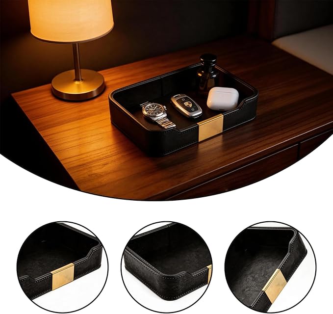 Black Leather Valet Tray - Multi-Use Nightstand Tray, Decorative Tray for Jewelry, Perfume, and Accessories Storage (Black)