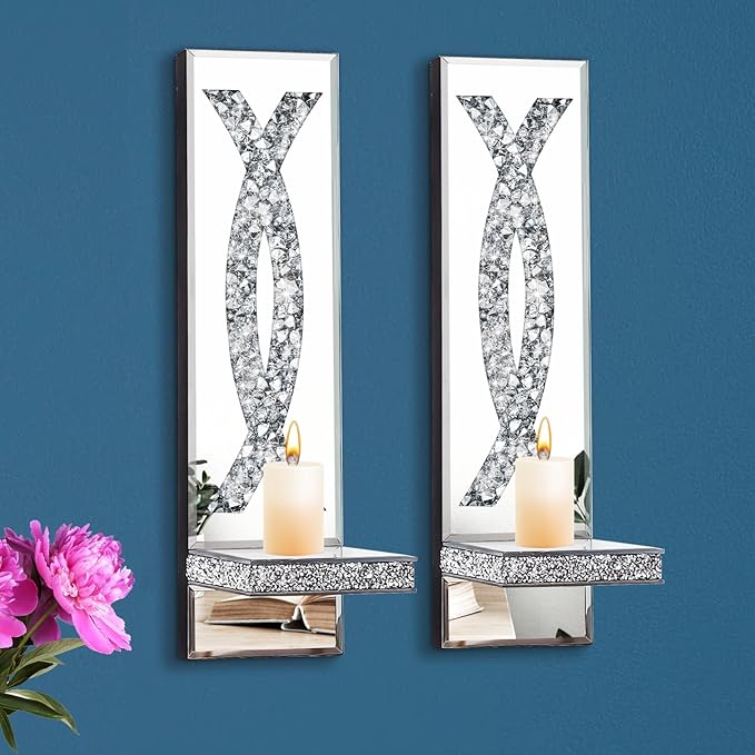Crystal Crushed Diamond Mirrored Candle Sconces Set of 2 Silver Glass Wall Candle Holder Bling Wall Decorations for Home Decor Living Room Dining Room Bedroom