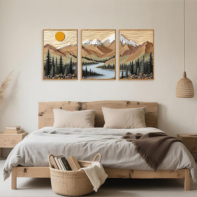 CHDITB Mountain Forest Framed Canvas Wall Art Set Of 3, Rustic Nature Wall Decor, Scenic Lake Sunrise Landscape Painting, Boho Woodland Art Prints For Living Room Bedroom Office Decoration 12”X16”