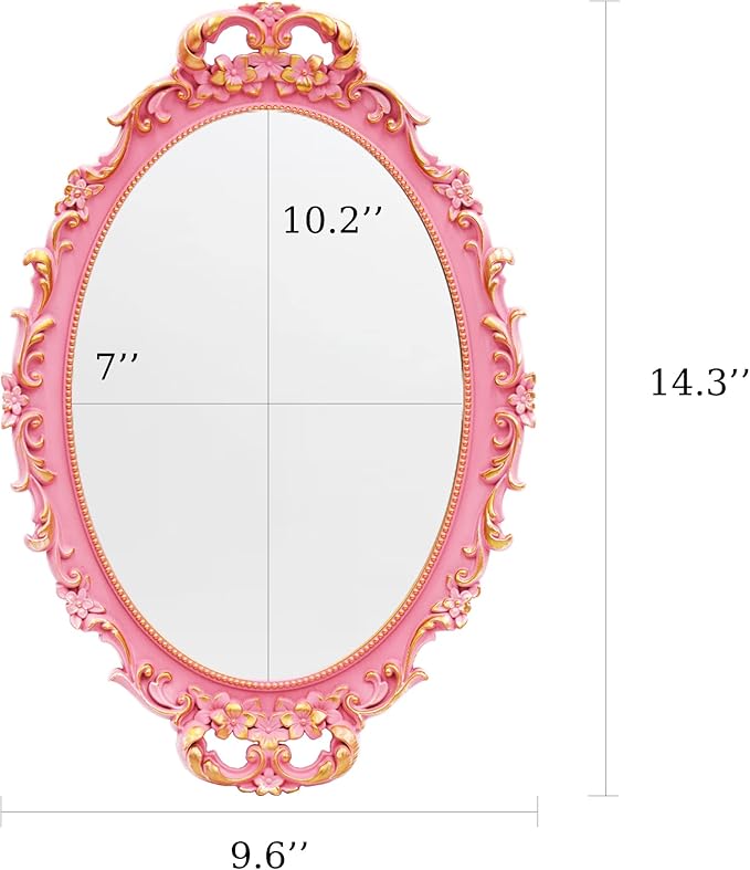Vintage Decorative Pink Framed Mirror, Wall Hanging Mirrors & Tabletop Tray for Bedroom Living Room Dresser Decor, Oval- 9.6" W x 14.3" L (Pink)